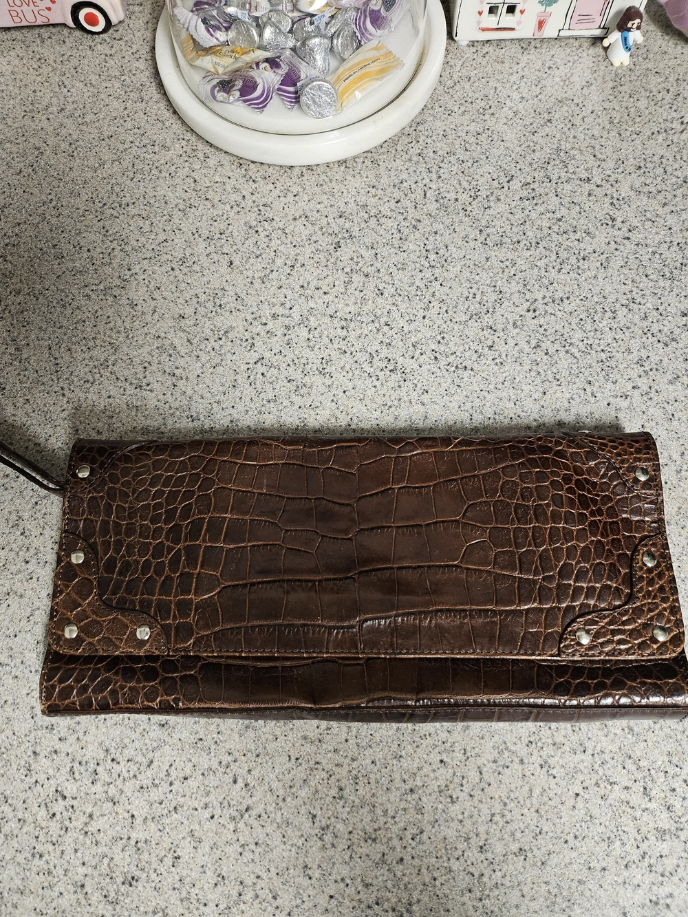 Claudia Firenze Croc-Embossed Leather Clutch in Deep Brown